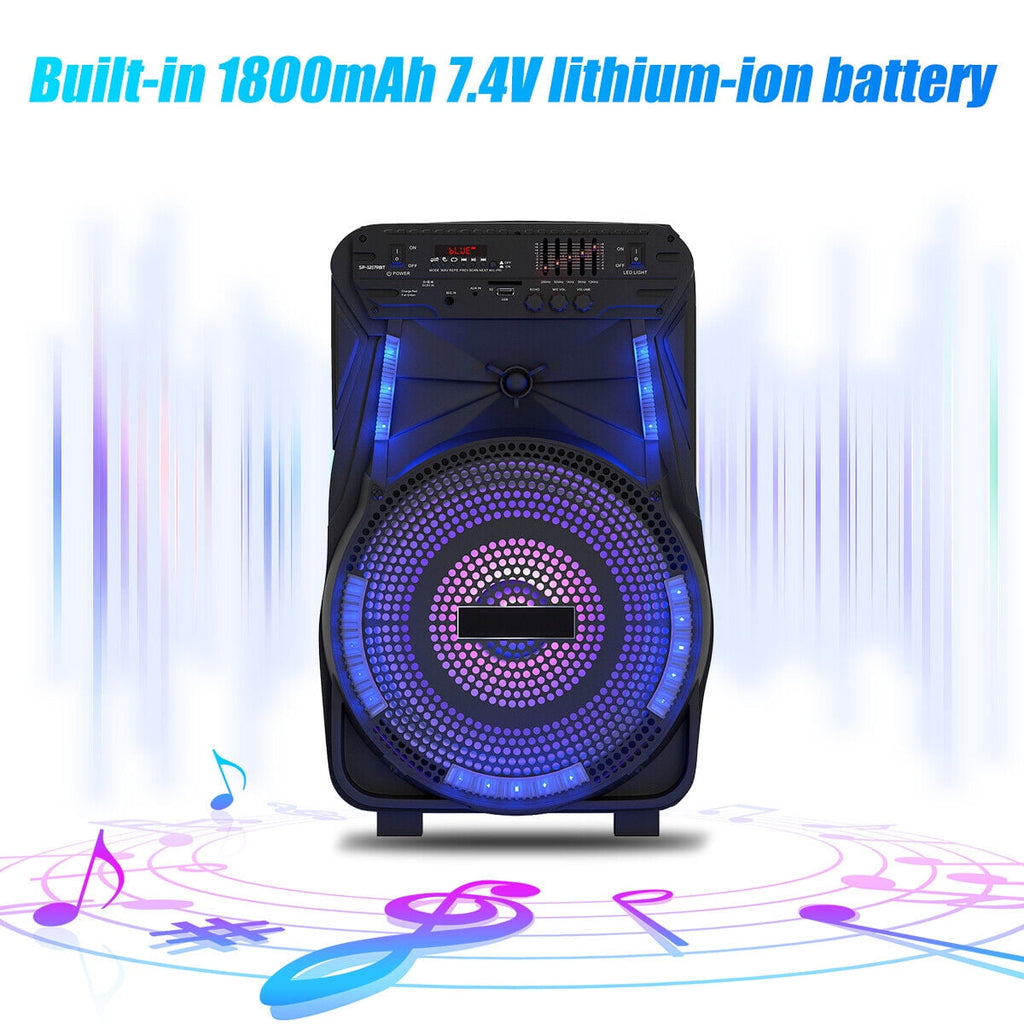 12'' Woofer Heavy Bass Bluetooth Speaker Portable Party PA Sound System Mic LED FM AUX Handle Wheels