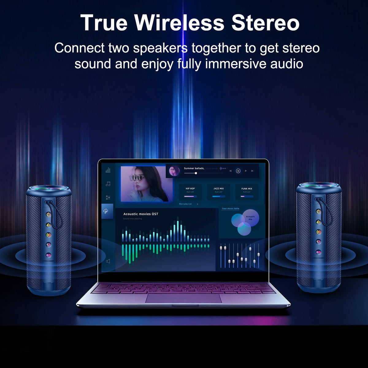 Portable Bluetooth Speaker, Bluetooth 5.4 Wireless Speaker, IPX7 Waterproof Outdoor Speaker with RGB Party Lights, 20W Stereo Sound, 20H Playtime, TWS Pairing for Camping, Beach, Home Party