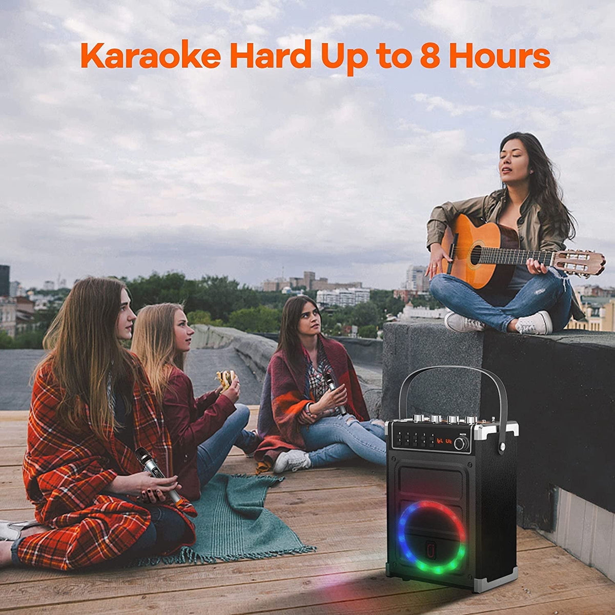 FanFun Portable Bluetooth Speaker with Microphones, Party Speaker with Lights, Remote Control, Powerful Loudspeaker, AUX Input, FM, REC