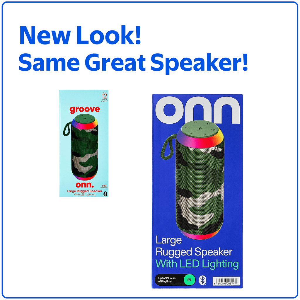 onn Large Rugged Speaker with Bluetooth Wireless Technology and LED Lighting, Camo