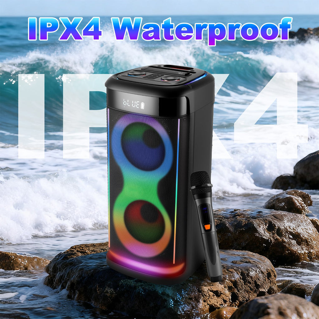 Imountek Portable Wireless Party Speaker with LED Lights, Wireless Mic, Remote, TWS, FM Radio, 10H Playtime, IPX6