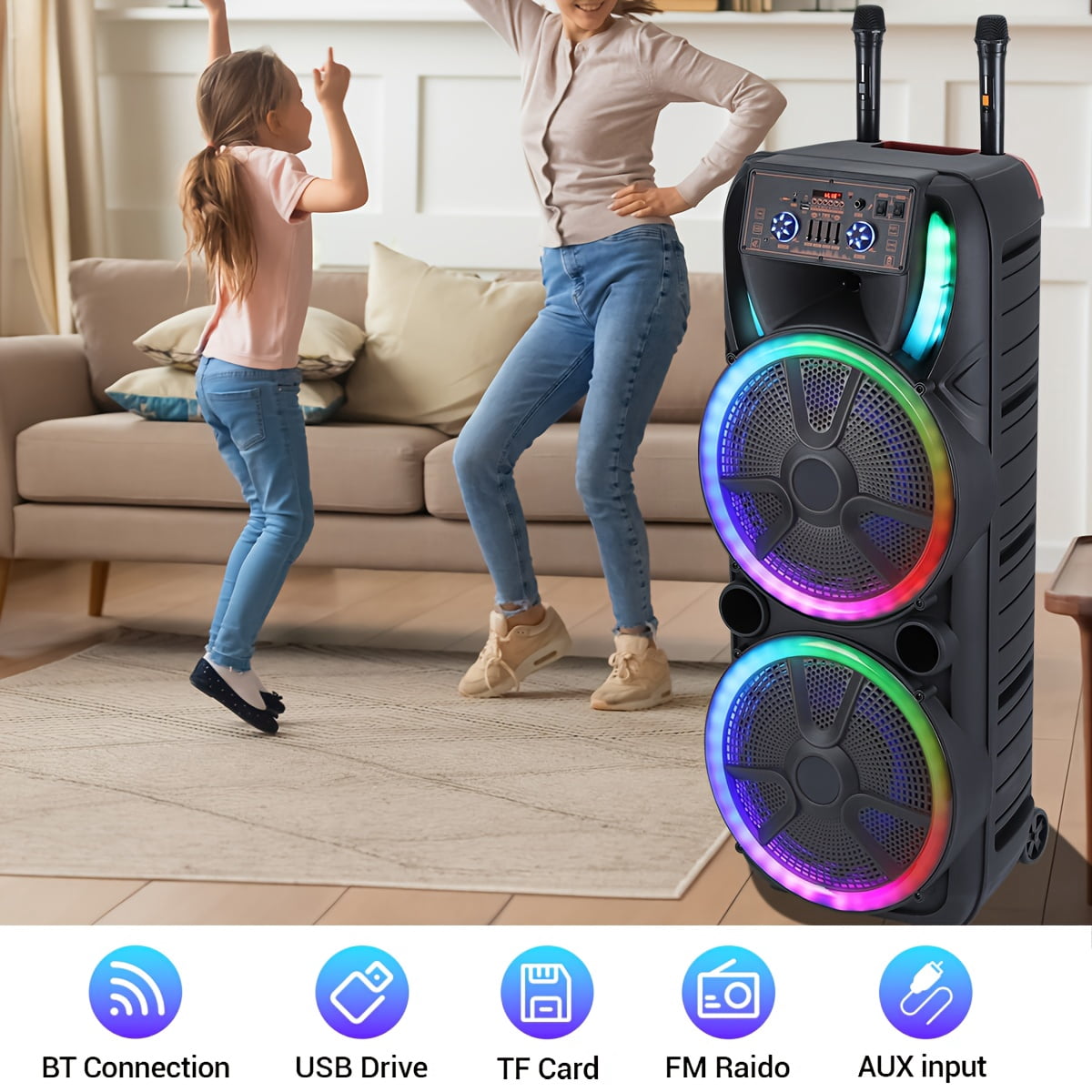 Lohoms Dual 15 inch Karaoke Speaker Party Speaker System W/ 2 Microphone Portable Party Box Loud Big Speaker Wireless Bluetooth Stereo Rechargeable Remote Control LED Lighting