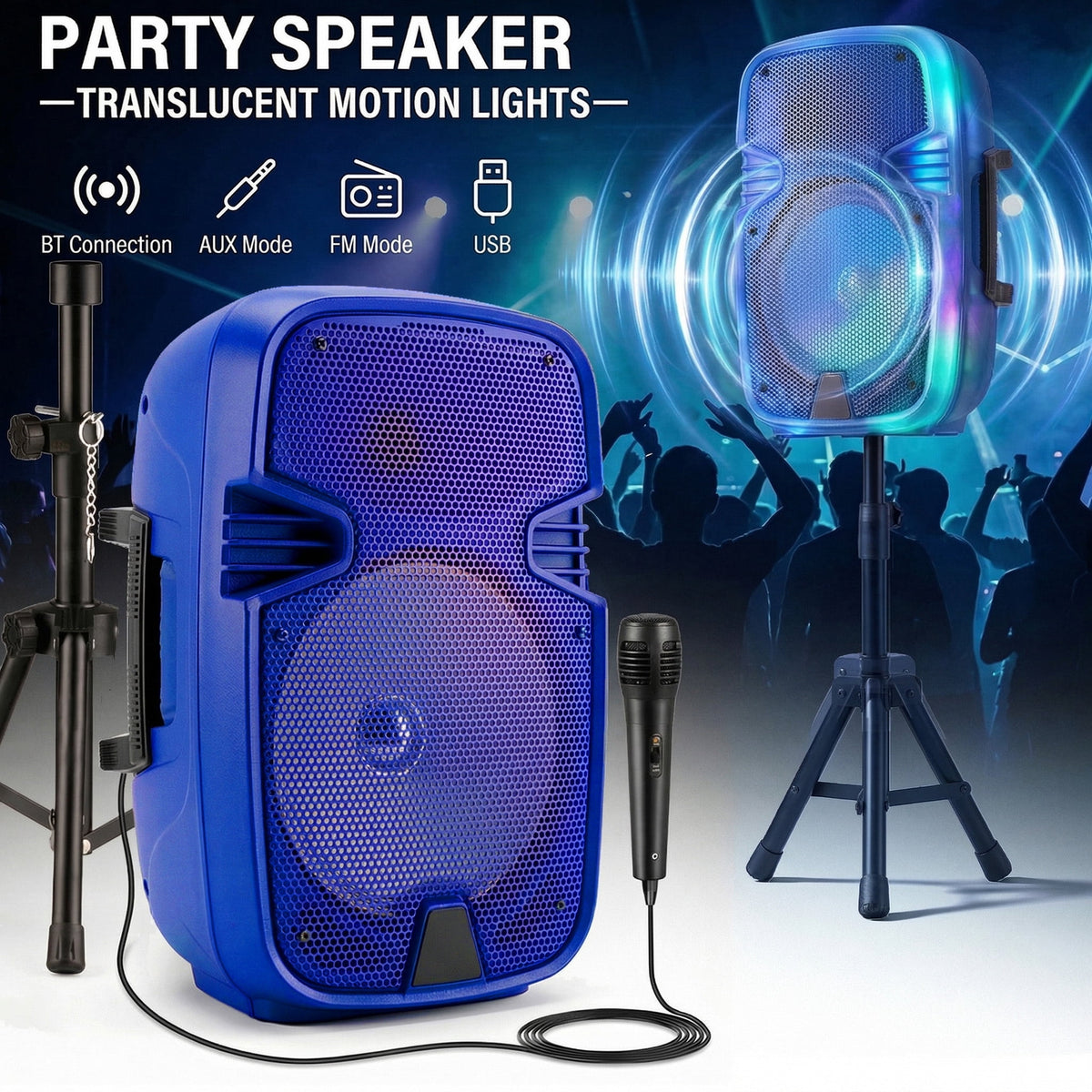 Portable BT Wireless Party Speaker with Translucent Light & Stand - Choose 8" (5 Colors) or 12", Includes Wired Mic, Remote, TWS, BT ConnectionUSB/TF/FM for Karaoke & Outdoor