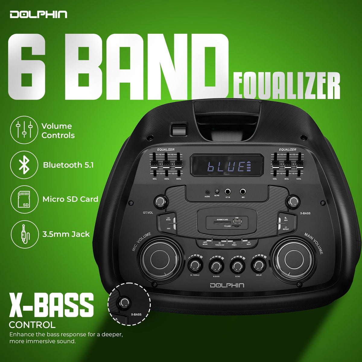 Dolphin SP-5500RBT High-Powered Bluetooth Speaker with X-BASS, Dual 15" Woofers, 100W RMS, TWS, LED Lights, Rechargeable Battery, Karaoke Mic, Ultra-Loud Party Speaker