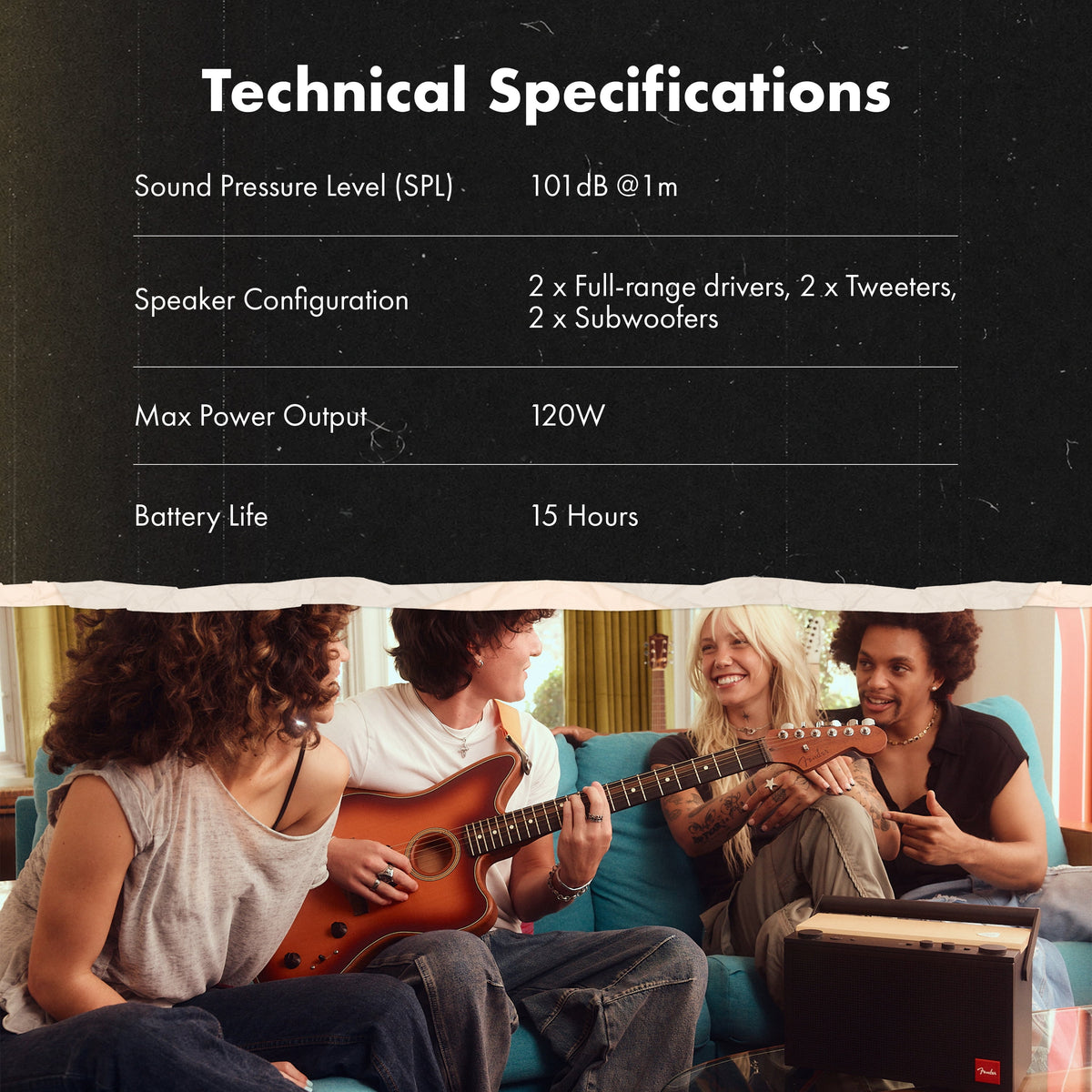 Fender Audio Elie 12 Portable Bluetooth Speaker – 120W Dual Sound Chambers, 4-Channel Input, XLR-1/4", Spatial Audio, 15-Hr Battery – Skyscraper Black