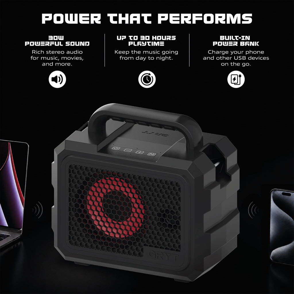 GRYT Bedrock Ultra-Rugged Portable Waterproof Bluetooth Speaker, Black