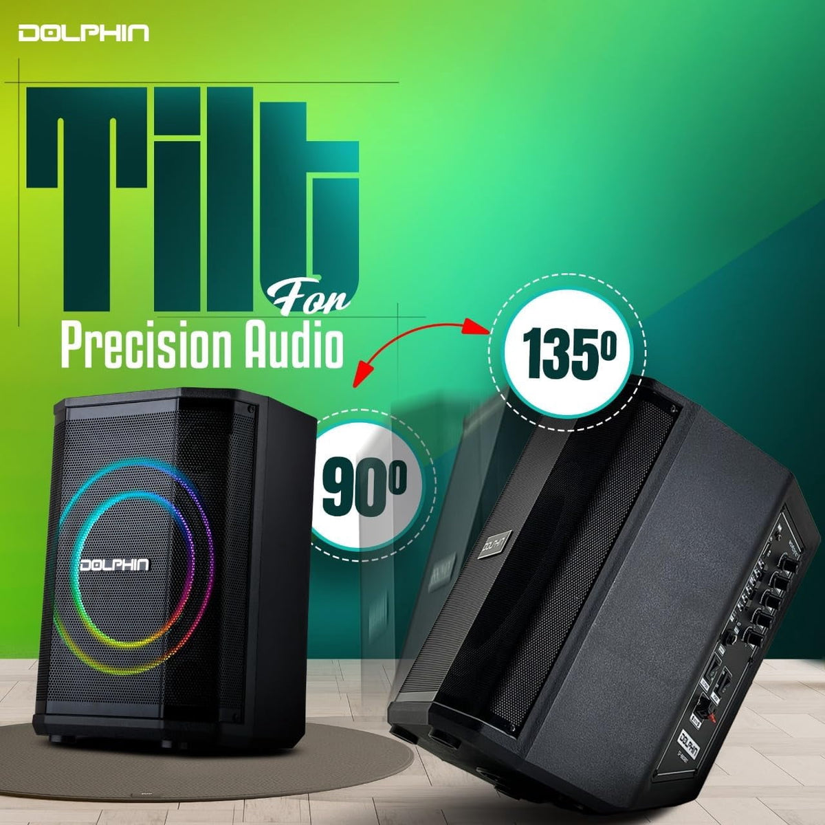 Dolphin SP-885RBT Rechargeable Portable Bluetooth Party Speakers, Tiltable, 3D LED Ring Light, TWS, Wireless Microphone, and Multiple Playback Options
