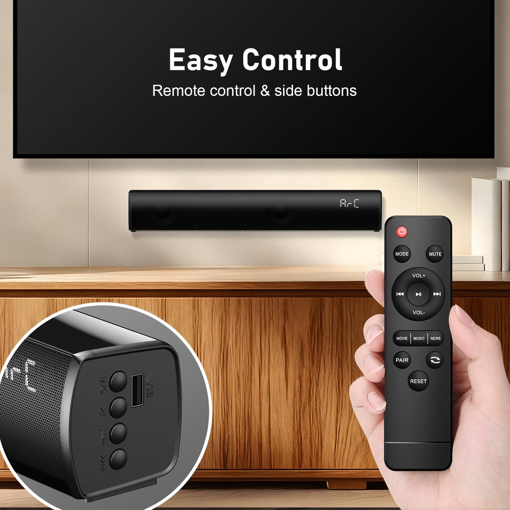 Wireless Bluetooth Sound Bar for Smart TV, 2.0 Channel Home Theater Speaker System with HDMI ARC/Optical/AUX/USB, Surround Sound Audio Bar for TV, PC, Gaming and Projector, 3 EQ Modes, Black