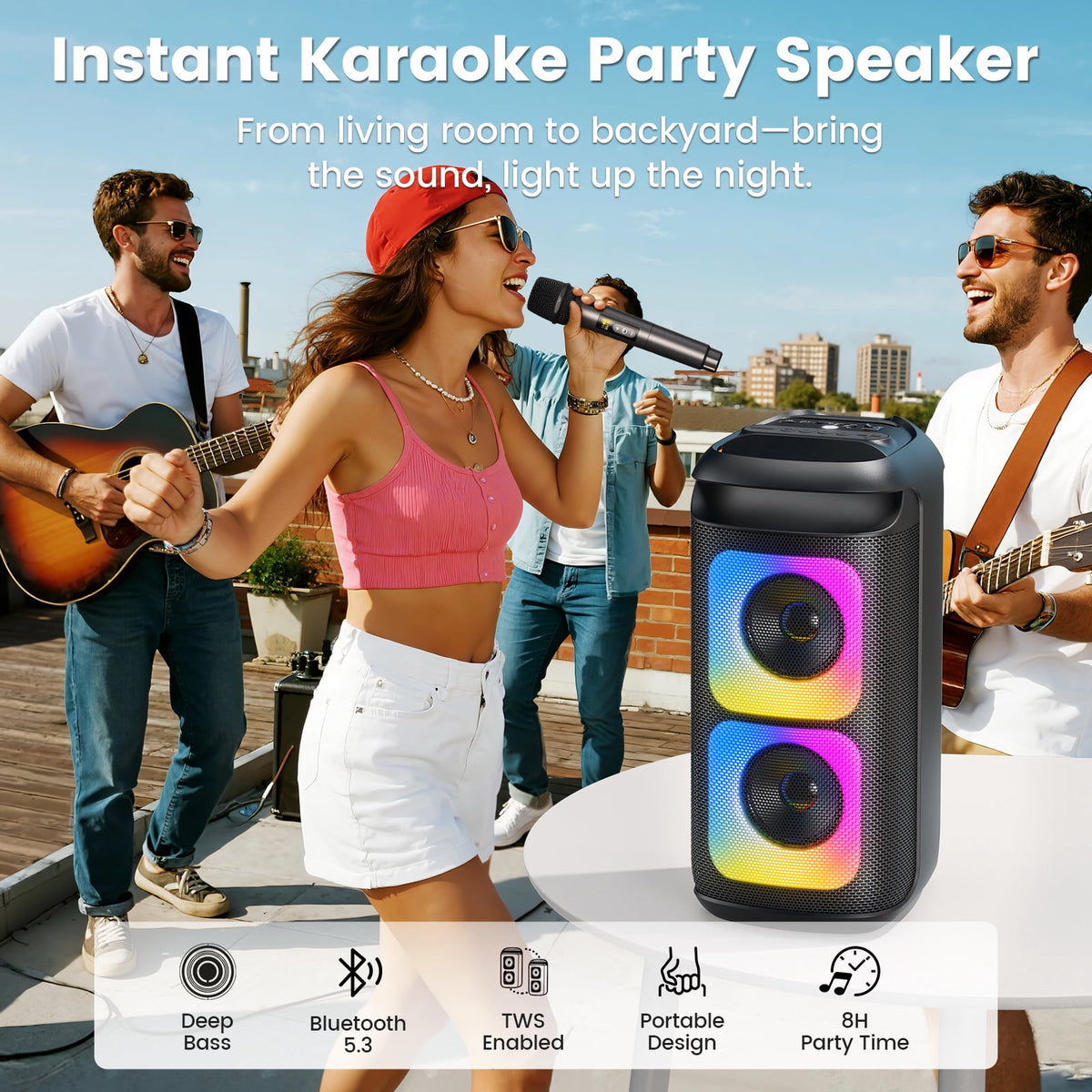 JYX Bluetooth Speaker, Dual 6.5'' Subwoofer Portable Party Speaker System for Outdoor, Deep Bass Party Box with Led Lights, T27-T