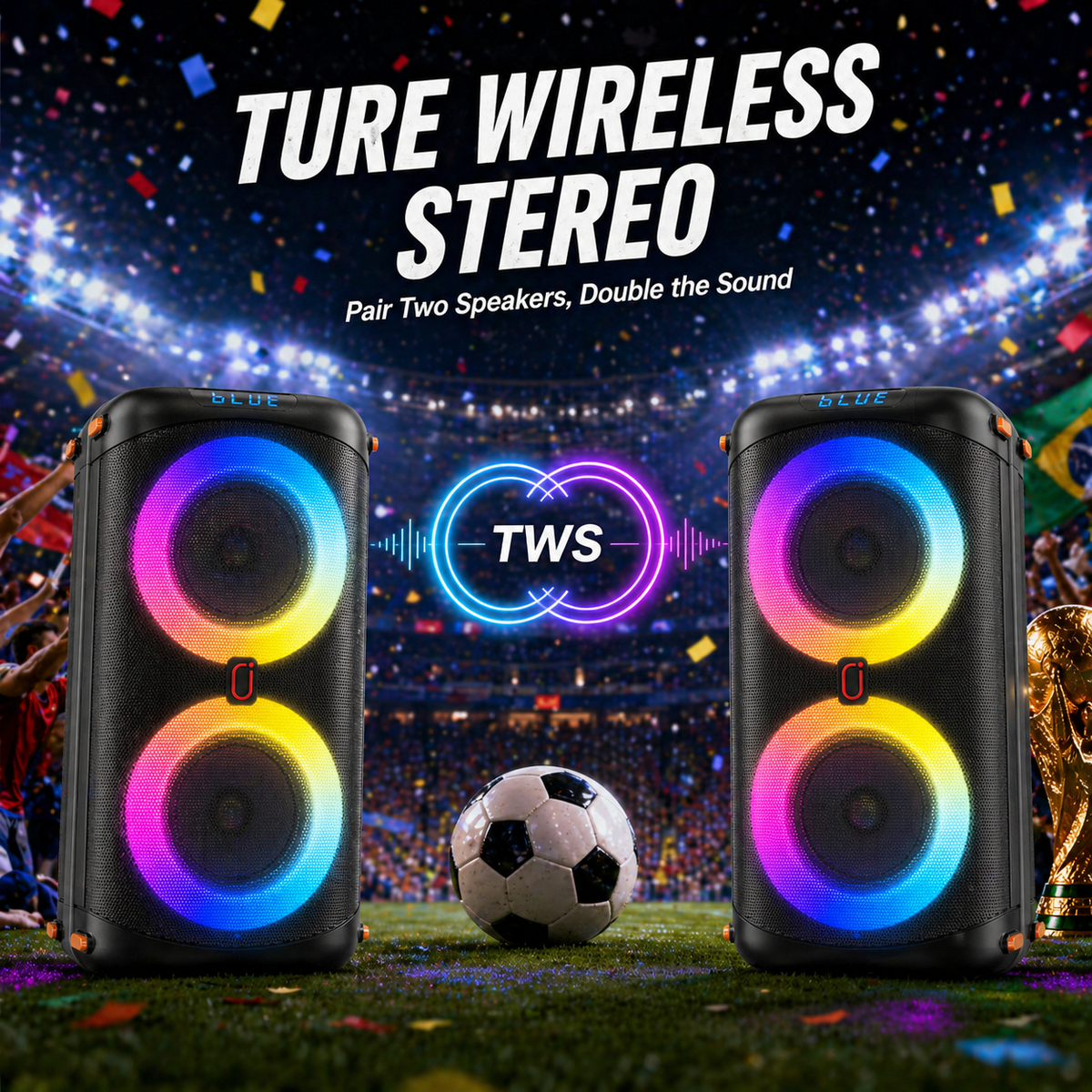 JYX Bluetooth Speaker, Dual 6.5'' Subwoofer Portable Party Speaker System for Outdoor, Deep Bass Party Box with Led Lights, T27-T
