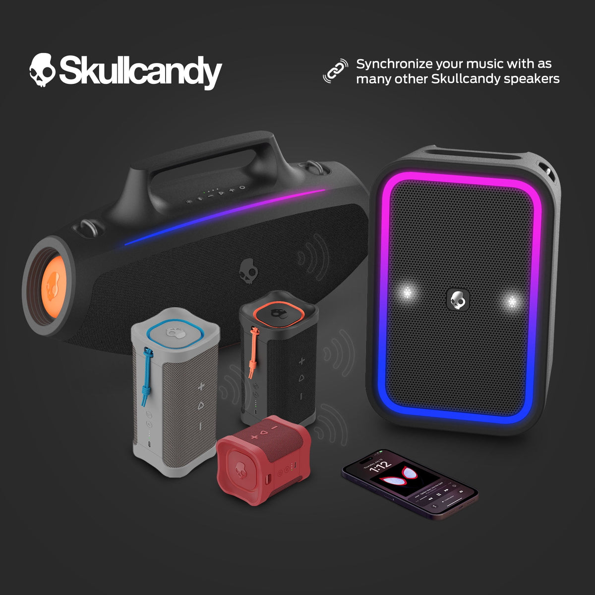 Skullcandy Stomp Portable Bluetooth Speaker, Waterproof, LED Lighting, USB Rechargeable, Black