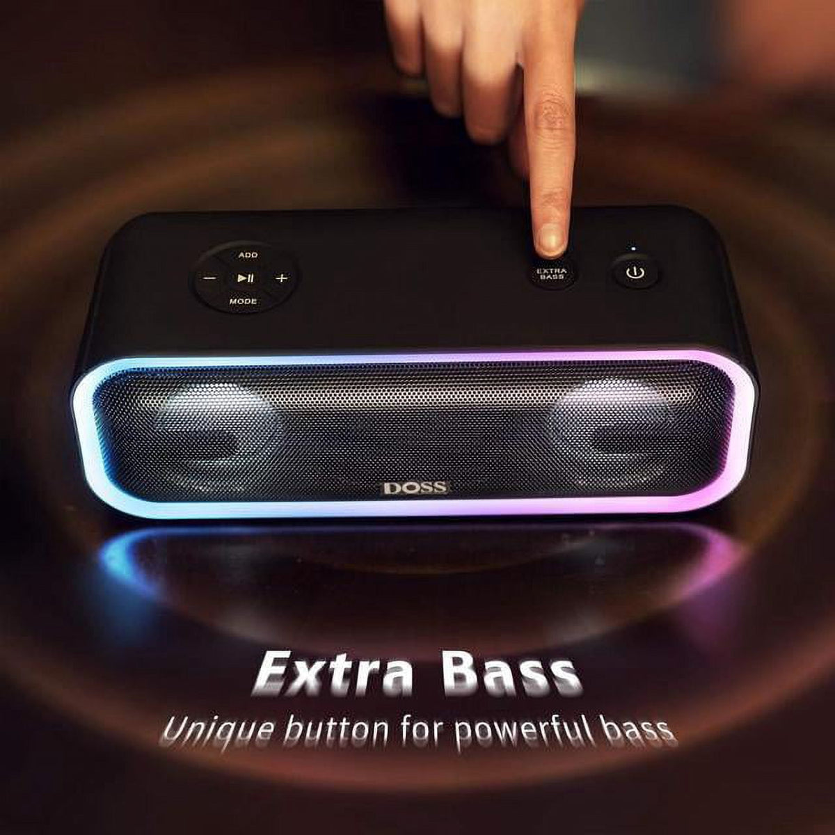 DOSS Wireless Bluetooth Speaker with 24W Impressive Sound, Booming Bass, IPX6 Waterproof, 15Hrs Playtime, Wireless Stereo Pairing, Mixed Colors Lights, 66 FT -Black