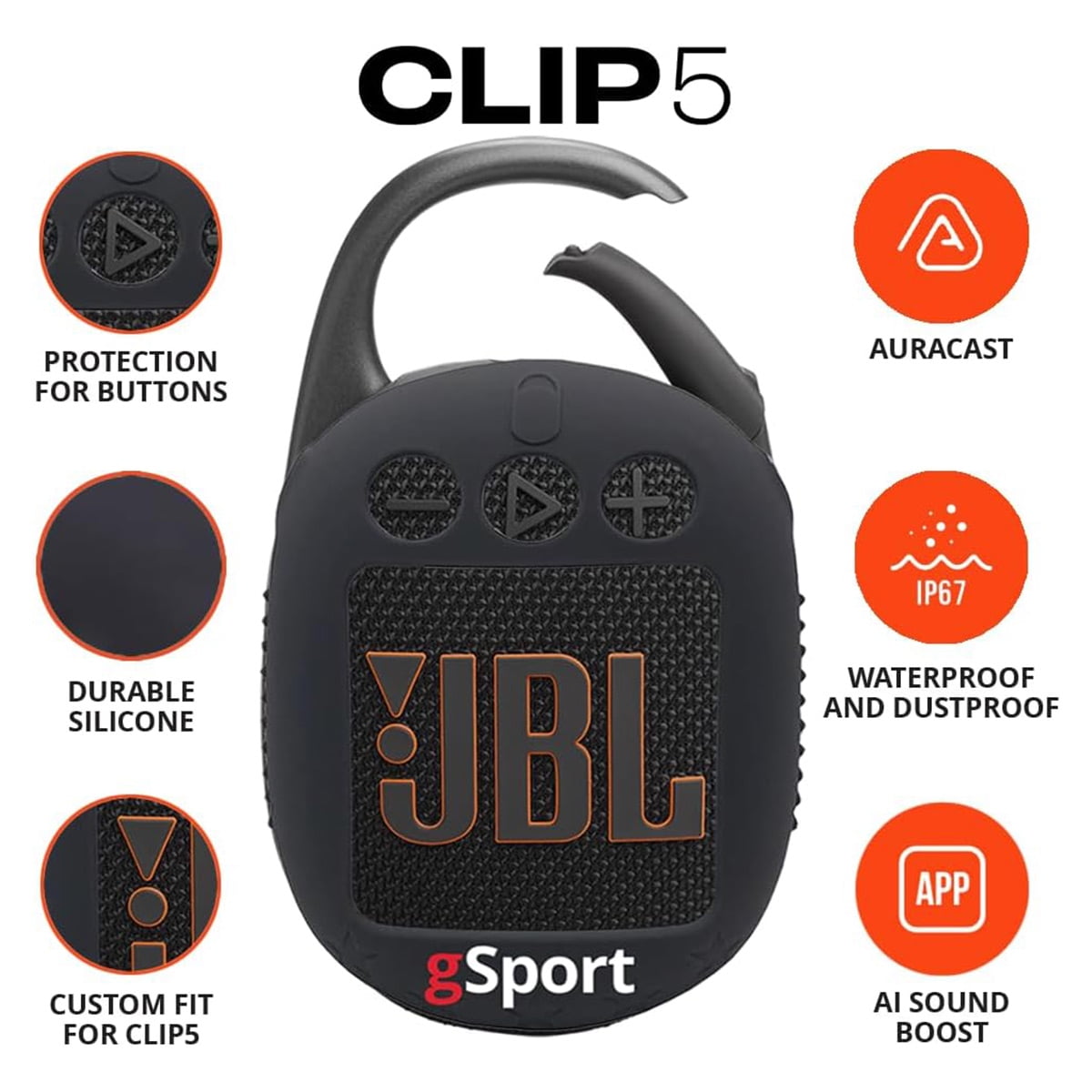 JBL Clip 5 Ultra Portable Bluetooth Speaker with gSport Silicone Sleeve (White)