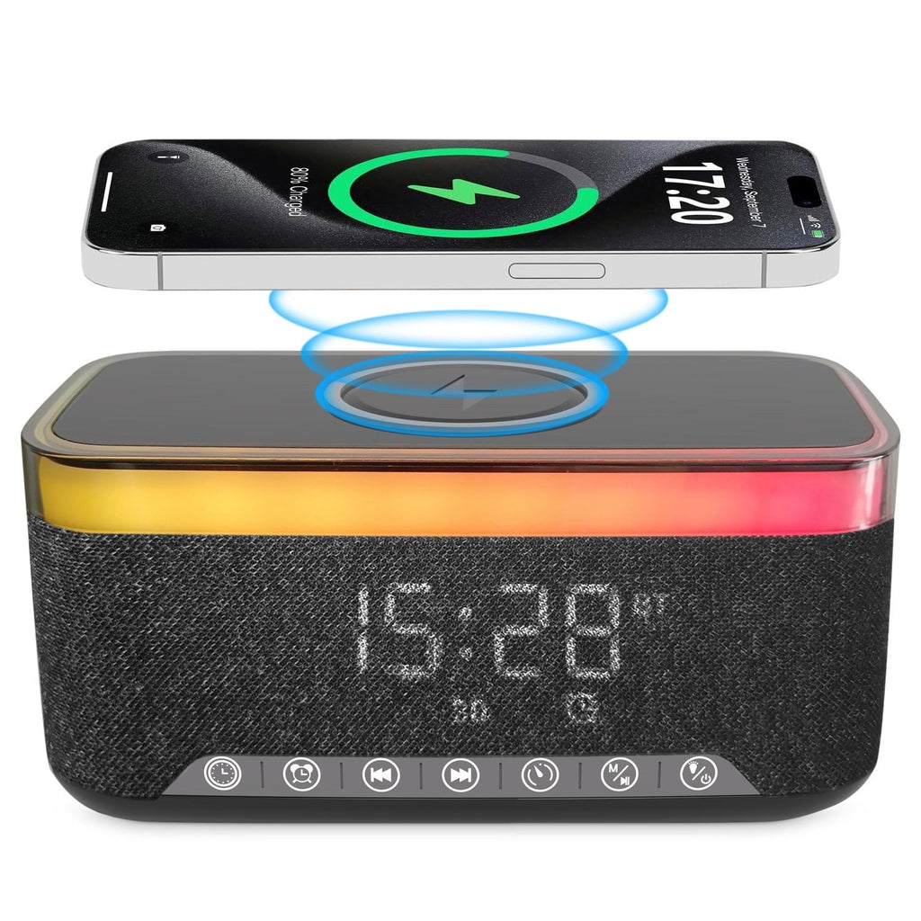 10W Bluetooth Stereo Speaker-Alarm Clock, Wireless Charging, RGB light