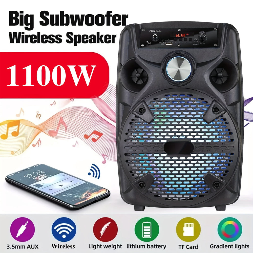 1100W Portable PA Speaker with 8" Subwoofer, Bluetooth, 7-Color LED, Rechargeable Battery, USB/SD/AUX, Includes Wired Mic & Stand for Outdoor Party