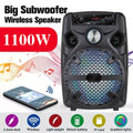 1100W Portable PA Speaker with 8" Subwoofer, Bluetooth, 7-Color LED, Rechargeable Battery, USB/SD/AUX, Includes Wired Mic & Stand for Outdoor Party
