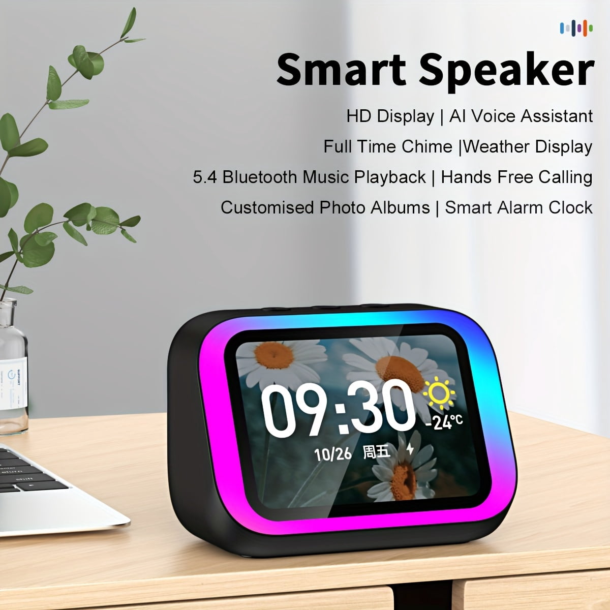 Smart Alarm Clock with Wireless Speaker, AI Voice Assistant, HD Display, RGB Light, Call Function, Stereo Sound, Period Tracker, 2000mAh Battery, Portable Bedside Digital Clock