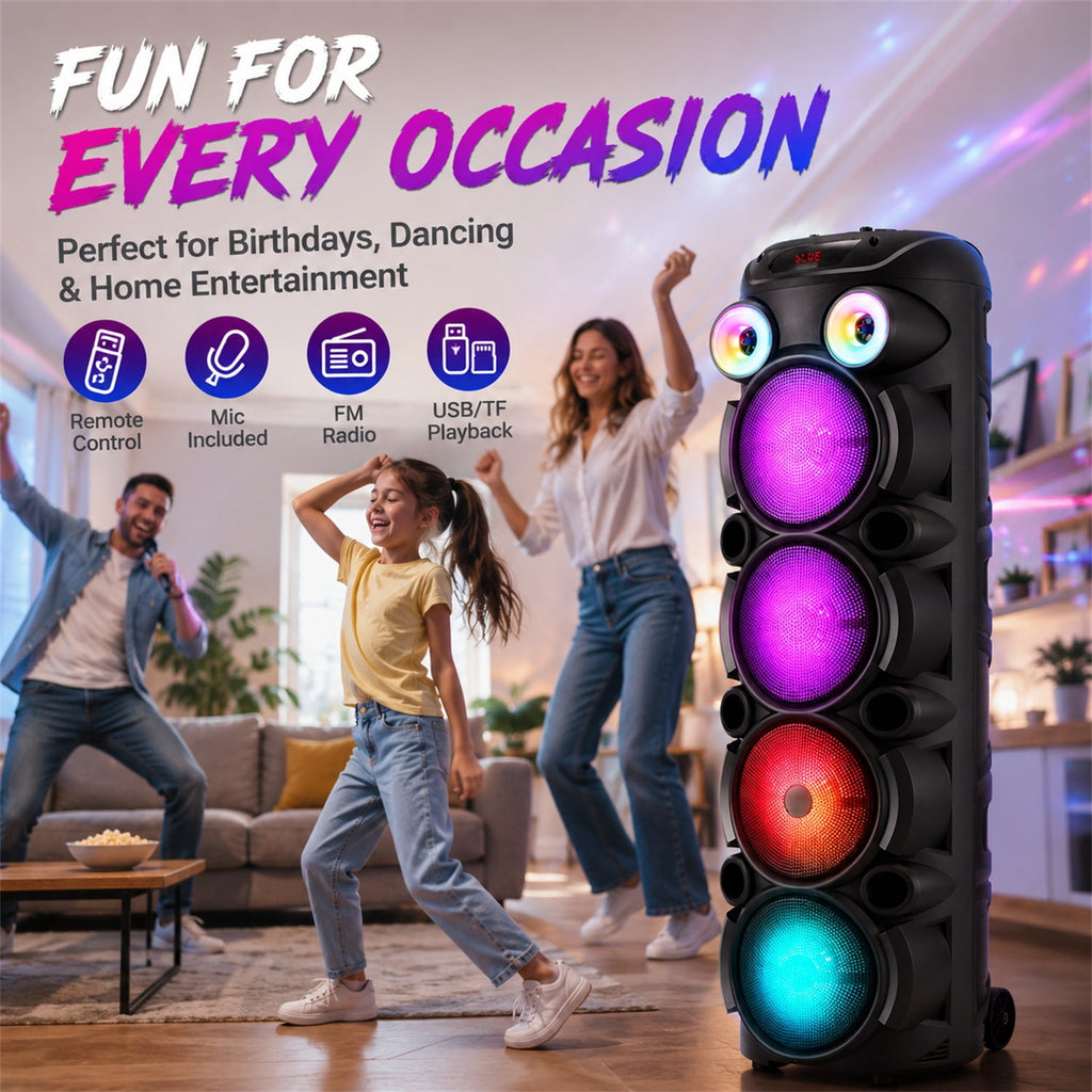 Lohoms Triple 8" Bluetooth Party Speaker, Portable Karaoke Machine & Outdoor PA Sound System with Powerful Stereo Sound, LED Lights, Wireless Mic, TWS Pairing, FM, USB, TF & AUX