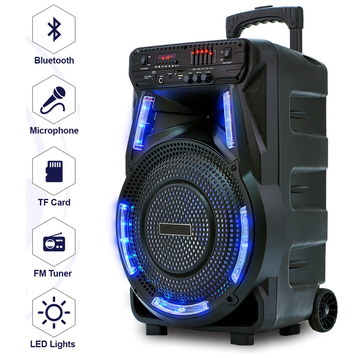 12'' Woofer Heavy Bass Bluetooth Speaker Portable Party PA Sound System Mic LED FM AUX Handle Wheels