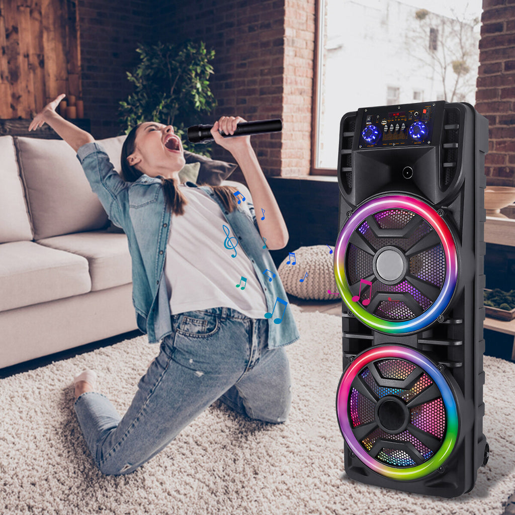 Curuk Wireless Speaker With Wireless Mic, 2800W Portable Bluetooth Speaker Dual 12” Subwoofer Heavy Bass Party DJ PA Sound System FM Mic LED Light