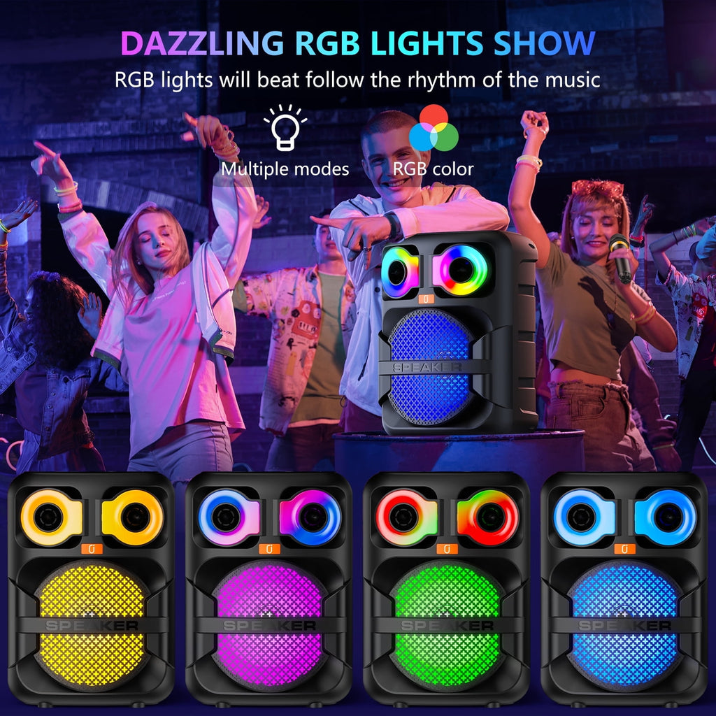 FanFun Bluetooth Speaker, Portable Party Speaker with 2 Microphones, LED Light, Deep Bass, T28-T