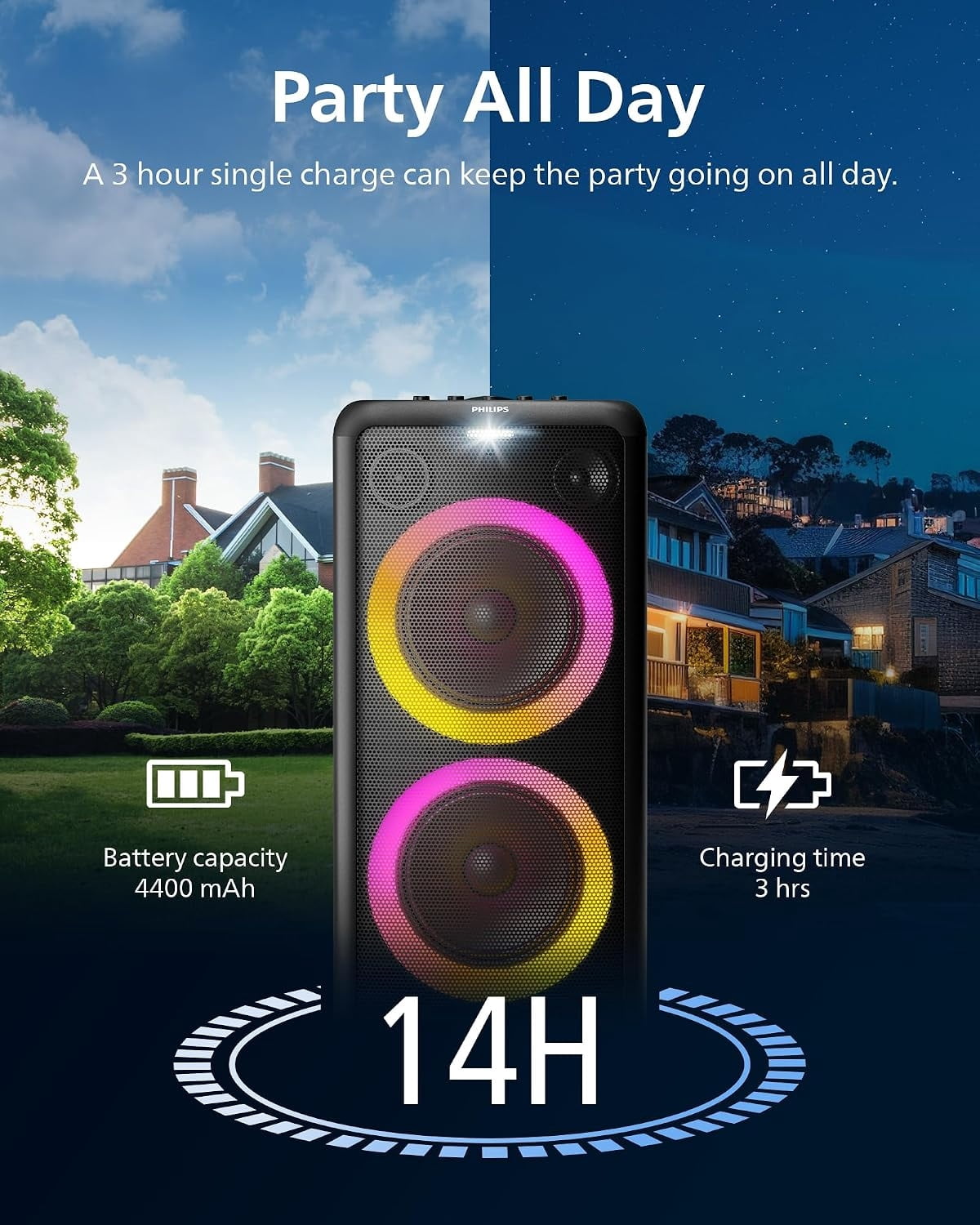 Restored Philips X5206 Portable Bluetooth Speaker with LED Lightning, Large Size, Black, TAX5206