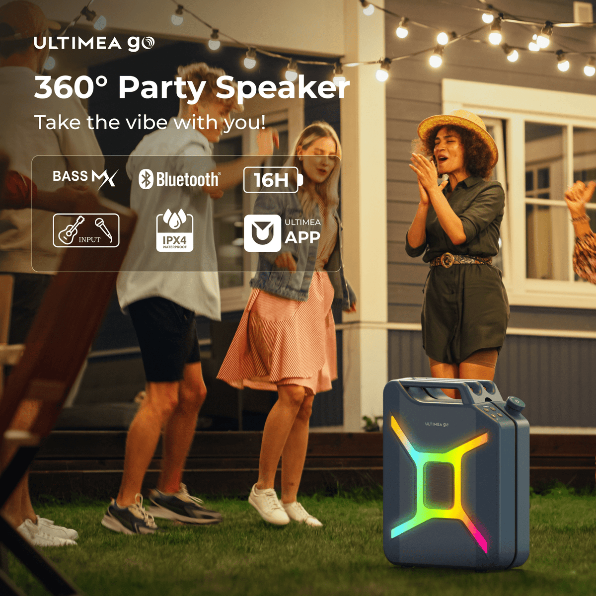 ULTIMEA Go Portable Party Speaker, 300W Wireless PartyBox with Bass Boost, RGB Light, TWS Stereo, Auracast Mode, Mic/Guitar Input, APP Control, Large Bluetooth Speaker for Party Outdoor (Black+Red)