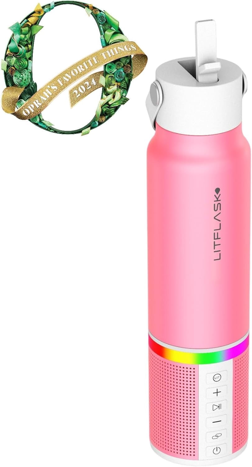 LITFLASK Smart Water Bottle with Premium Bluetooth Speaker, White, Portable Charger, LED Light, Stainless Steel, Mix & Match Colors, 20oz - Oprah's Favorite Things 2024