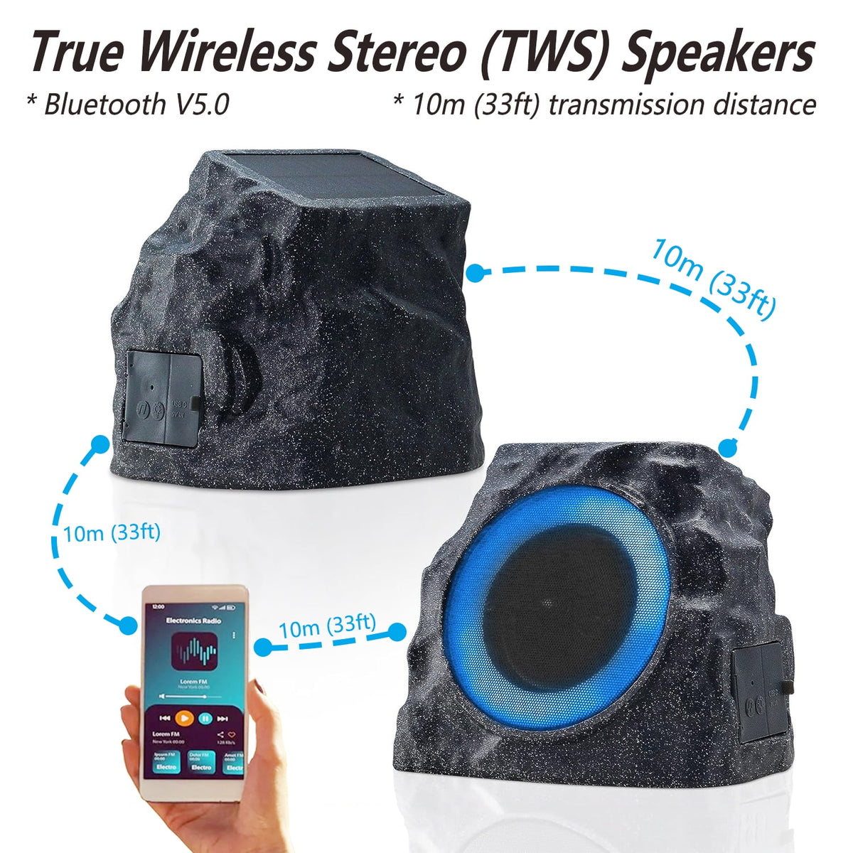 Postlucky 2 Pack Outdoor Solar Rock Speakers, Bluetooth, TWS Pairing, RGB LED Flashing, USB Charging, Waterproof, 7.3" Gray