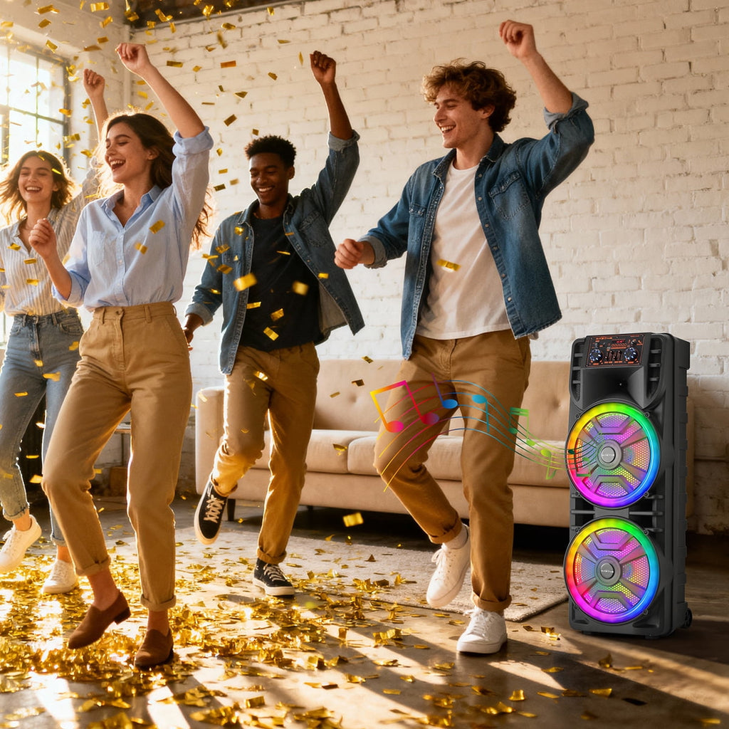 Curuk Wireless Speaker With Wireless Mic, 2800W Portable Bluetooth Speaker Dual 12” Subwoofer Heavy Bass Party DJ PA Sound System FM Mic LED Light