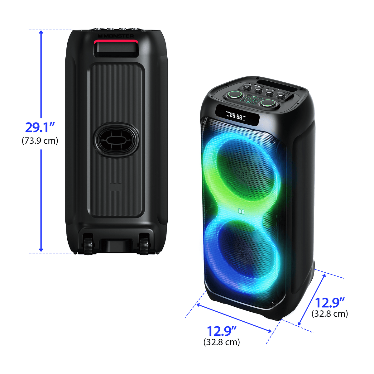 Monster Party Flux Portable Bluetooth Party Speaker, 200W Peak Power, Dual 8-Inch Drivers, RGB LED Lights, Karaoke Mode, TWS Pairing, IPX5 Water Resistant, 6-Hour Battery, Black
