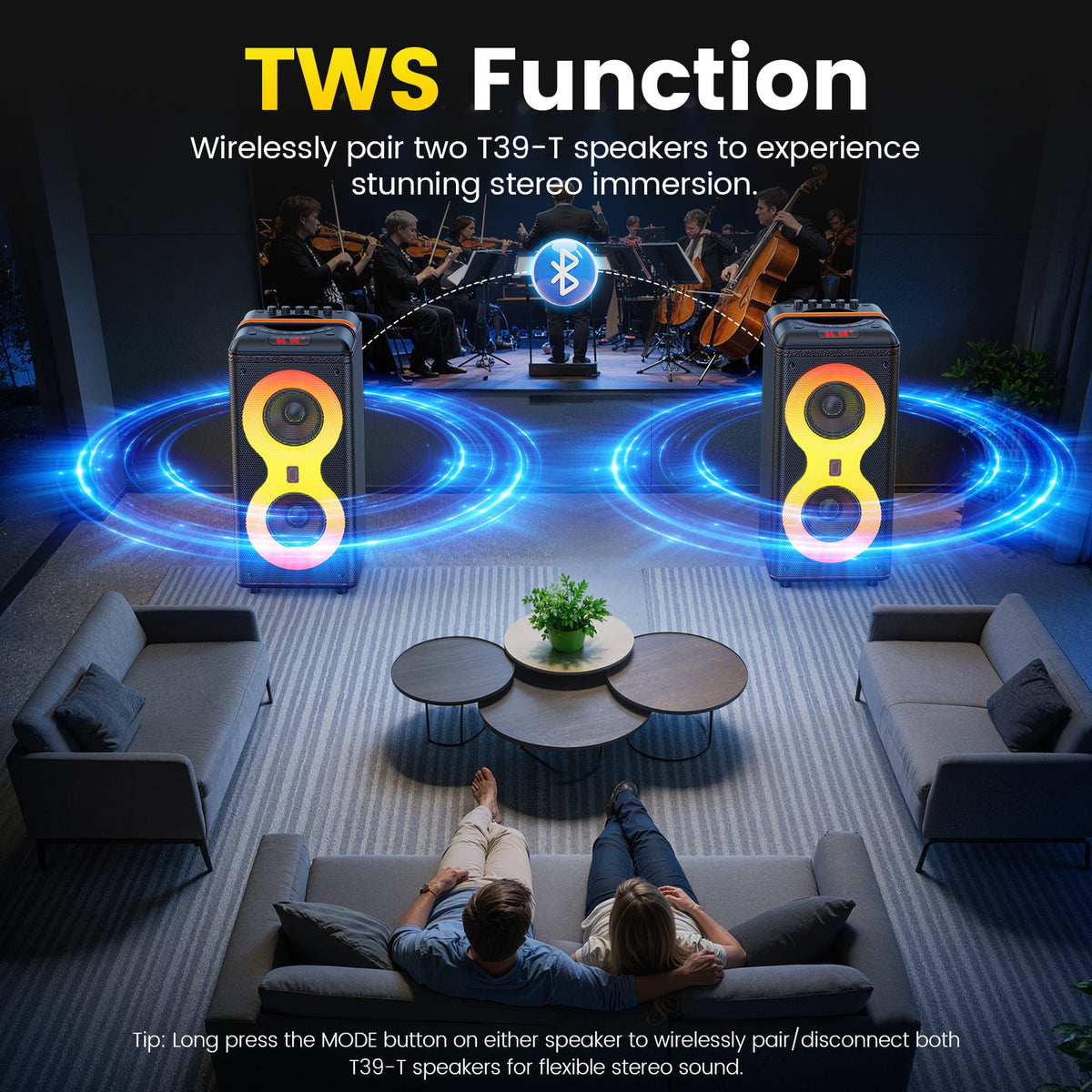 JYX Bluetooth Speaker, Dual 6.5'' Subwoofer Portable Party Speaker System for Outdoor, Deep Bass Party Box with Led Lights, T27-T