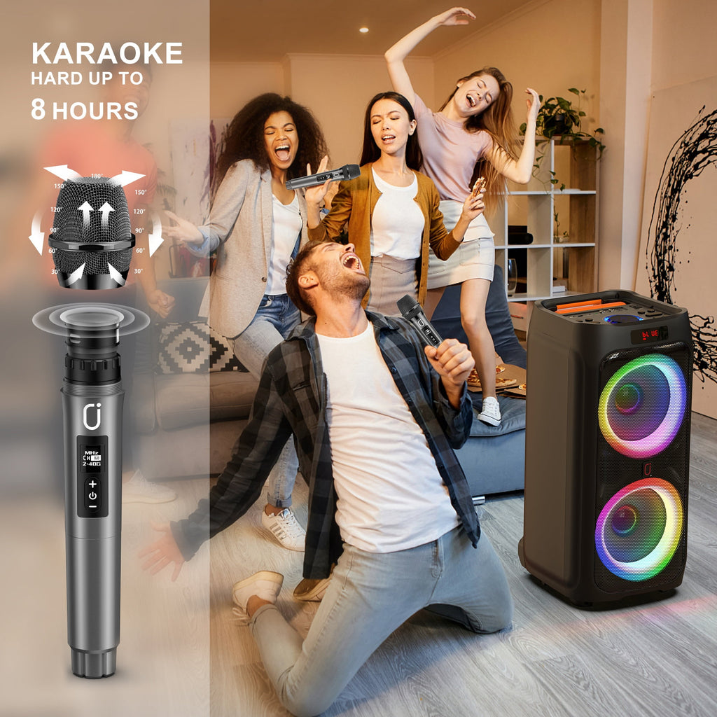 FanFun Portable Bluetooth Speaker with Microphones, Party Speaker with Lights, Remote Control, Powerful Loudspeaker, AUX Input, FM, REC