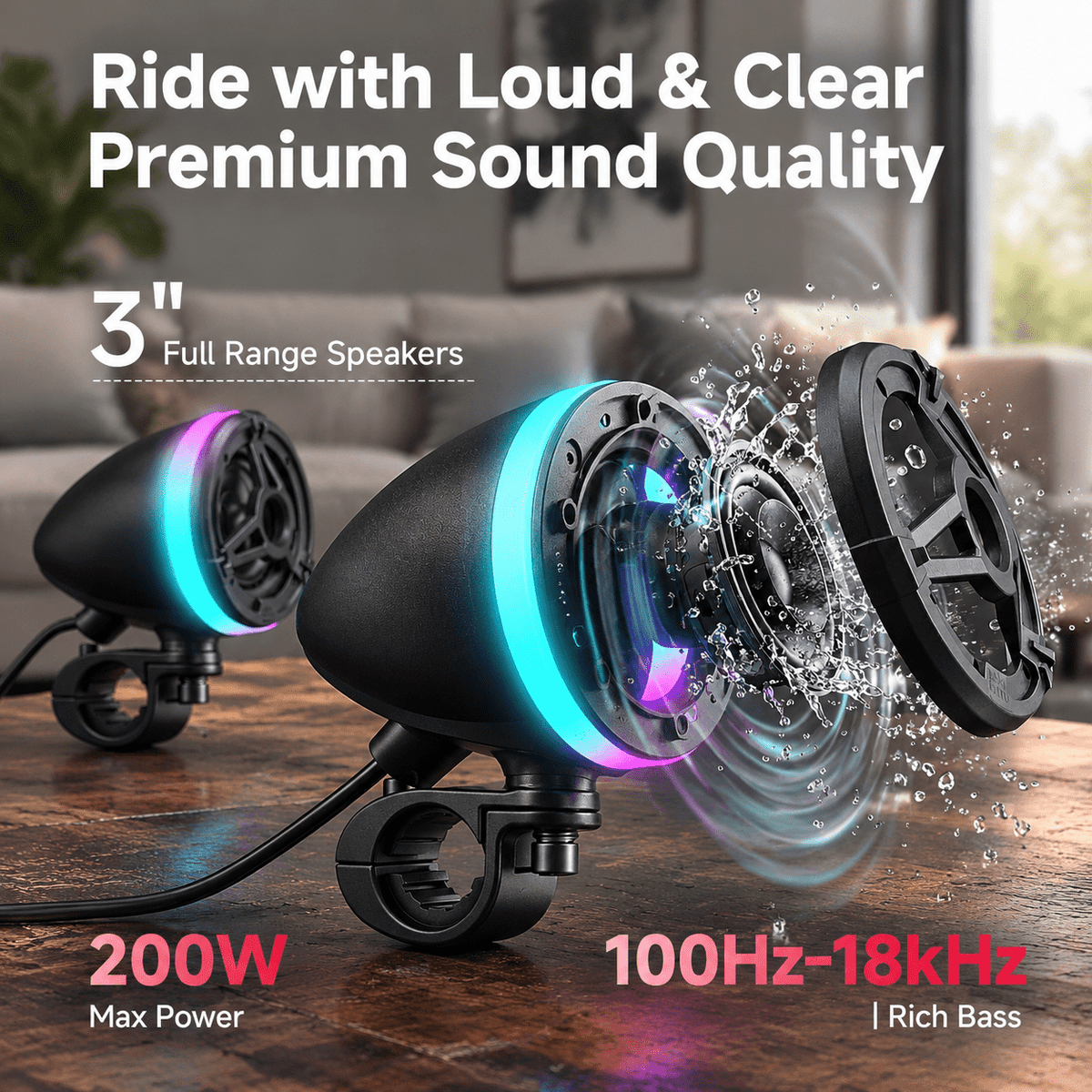 Portable Speakers, 3-inch Full Range Sound System with 50W RMS, IP66 Waterproof, Sync for Group Rides