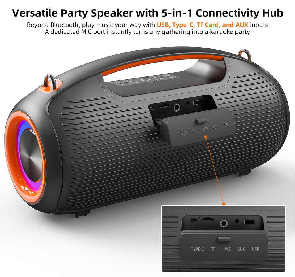 Portable Bluetooth Speaker 200W Peak Wireless, IP65 Waterproof Outdoor Speaker with Bass Boost, 24H Battery, TWS and USB/AUX/TF Input for Party