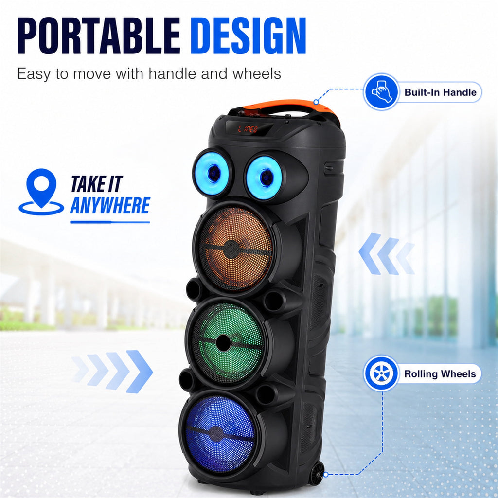 Lohoms Triple 8" Bluetooth Party Speaker, Portable Karaoke Machine & Outdoor PA Sound System with Powerful Stereo Sound, LED Lights, Wireless Mic, TWS Pairing, FM, USB, TF & AUX