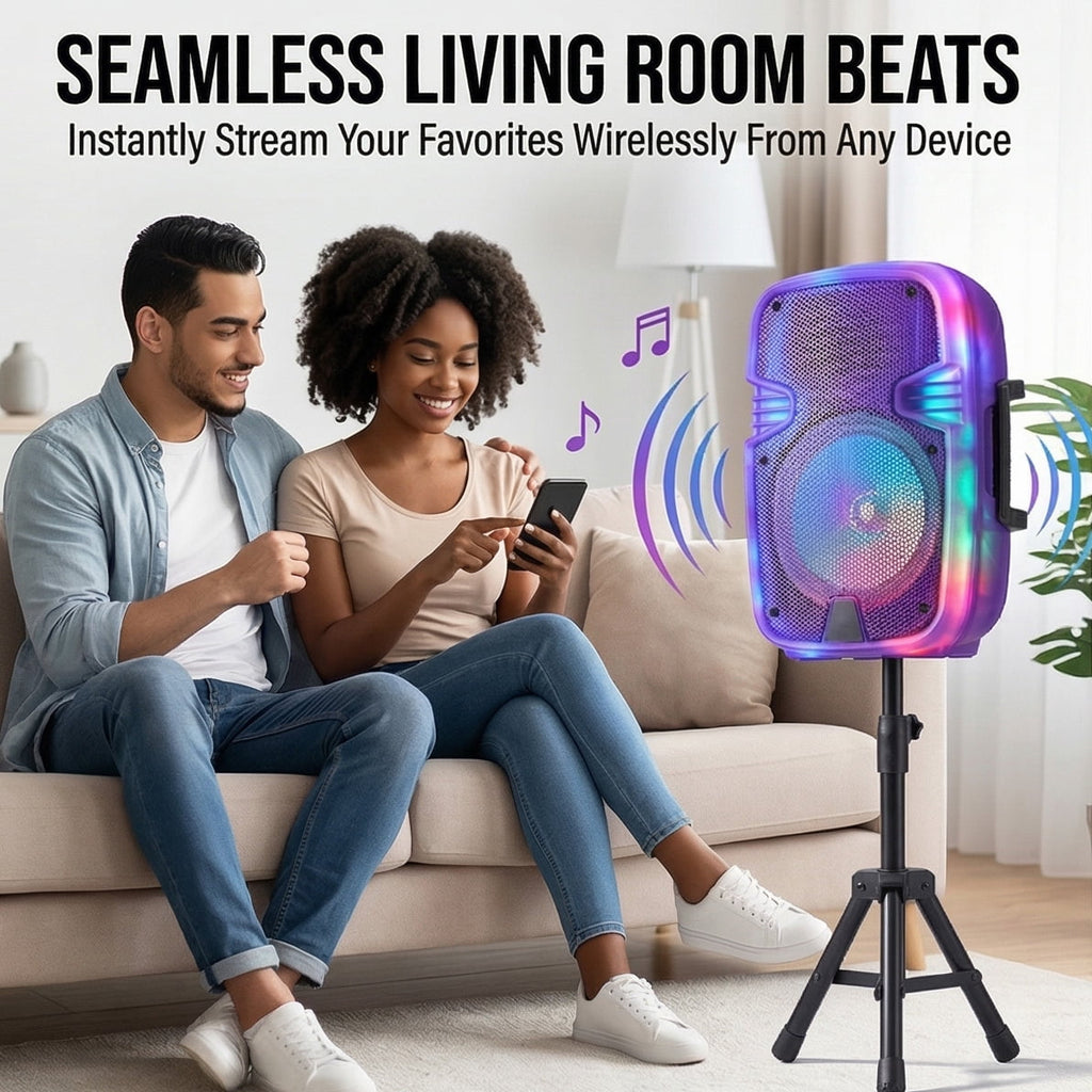 Portable BT Wireless Party Speaker with Translucent Light & Stand - Choose 8" (5 Colors) or 12", Includes Wired Mic, Remote, TWS, BT ConnectionUSB/TF/FM for Karaoke & Outdoor