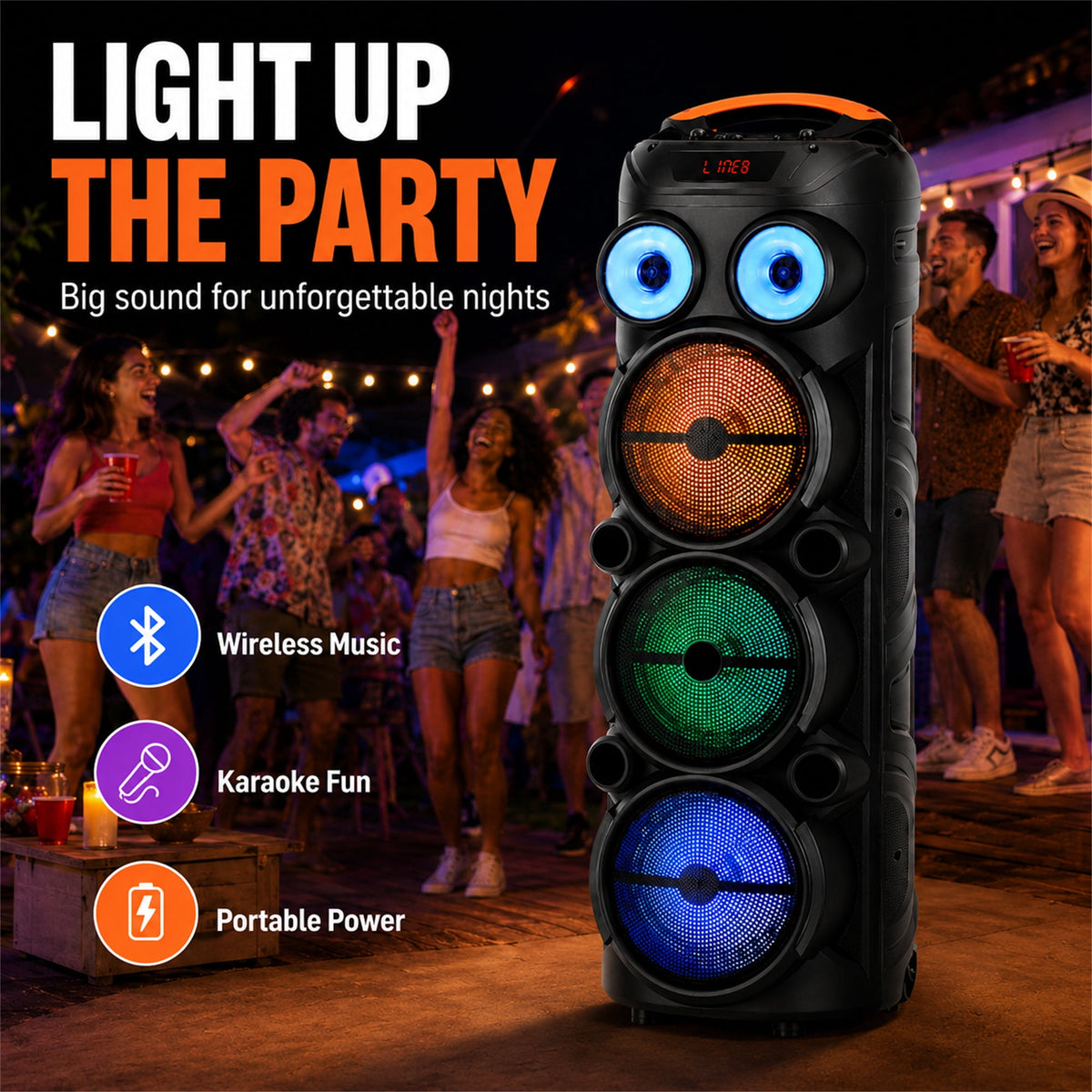 Lohoms Triple 8" Bluetooth Party Speaker, Portable Karaoke Machine & Outdoor PA Sound System with Powerful Stereo Sound, LED Lights, Wireless Mic, TWS Pairing, FM, USB, TF & AUX