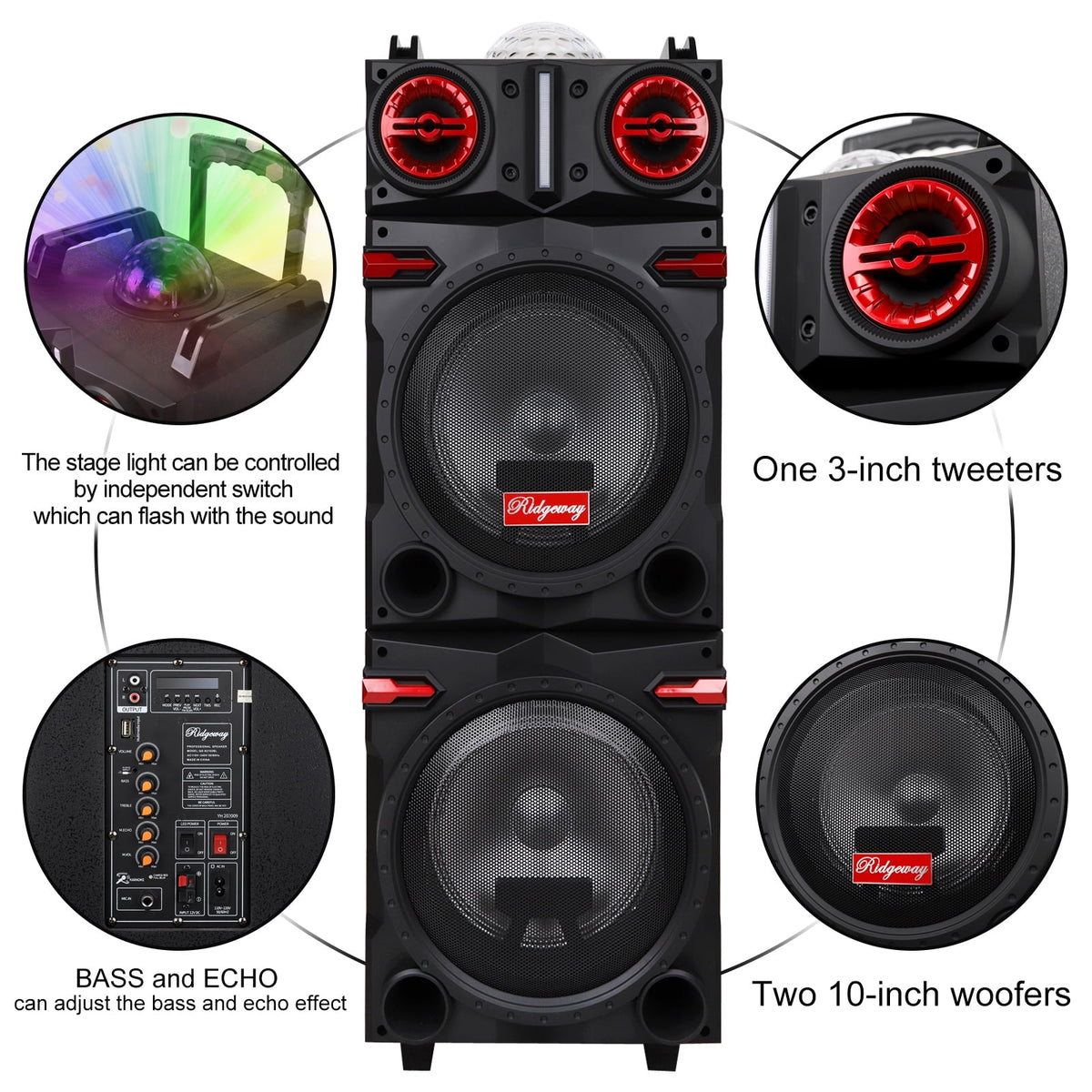 Lohoms Portable Wireless Speaker, Dual 10" Subwoofer & 1" tweeter Trolley Bluetooth Speaker W/ Microphone Heavy Bass Stereo Woofer Party Sound PA System, AUX, FM, Remote, LED Light, 40.5" H