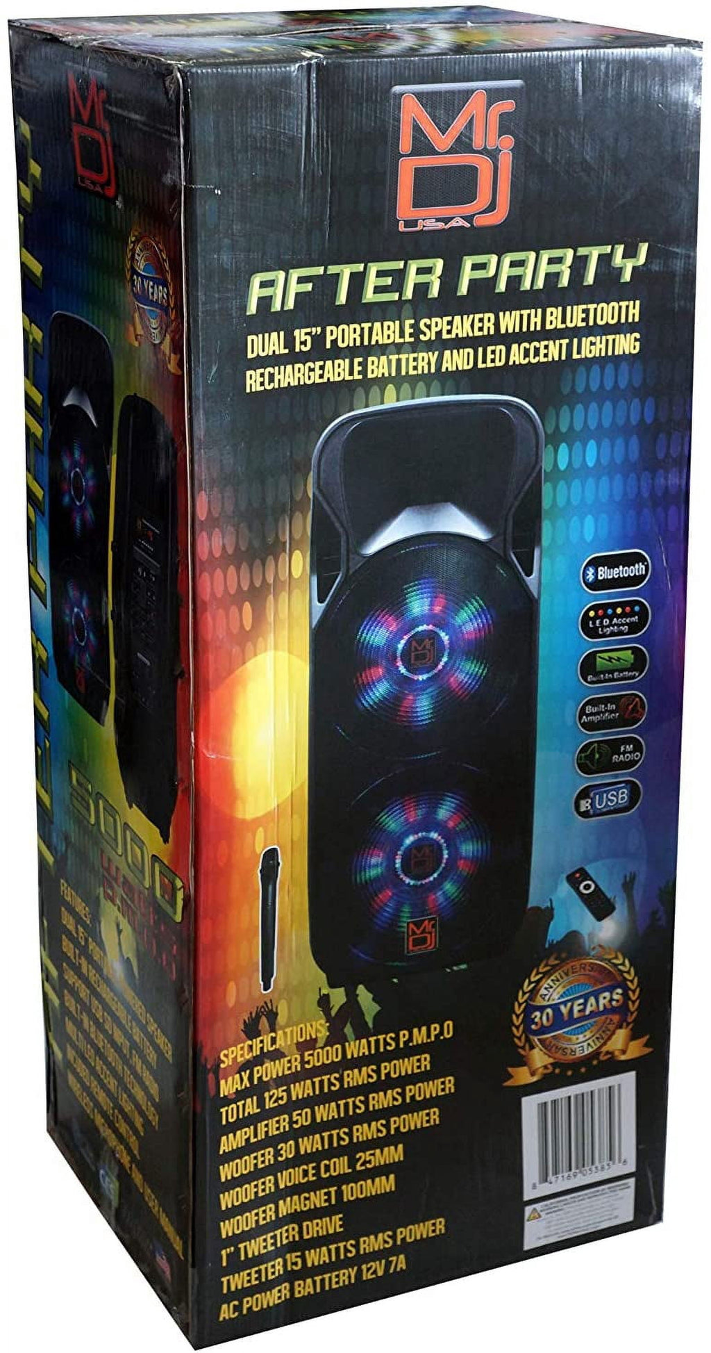 MR DJ AFTERPARTY Dual 15" Bluetooth SpeakerDual 15" Battery Powered Bluetooth Speaker, UHF Wireless Microphone Party Speaker