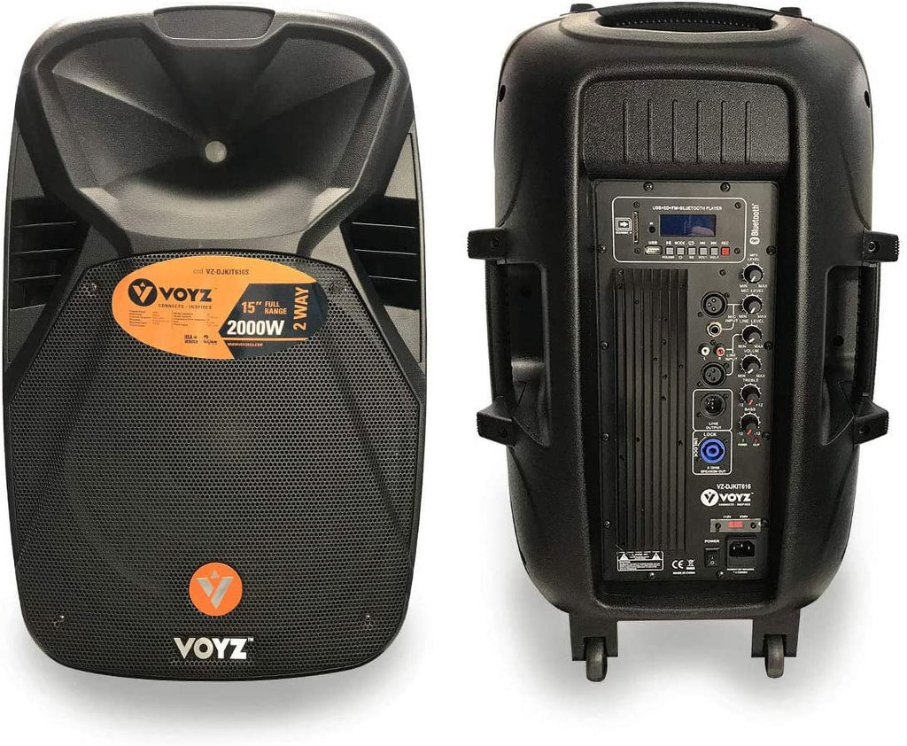 VOYZ 2000 Watt Bluetooth Portable Speaker for Parties - Two Way 15" Loudspeaker - FM Radio, USB, SD, and MP3 Player - PA with Tripod Stand and Wireless Microphone - Perfect for Karaoke (VZ-DJKIT616S)