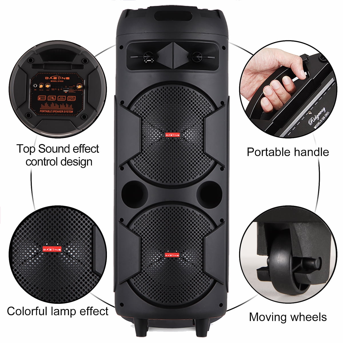 RIDWIND 4000W Peak Power Bluetooth Speakers Portable Wireless Speaker with Double 6.5 inch Subwoofer Heavy Bass,FM Radio, Microphone, Lights, Remote Control TWS Stereo Sound System Speaker