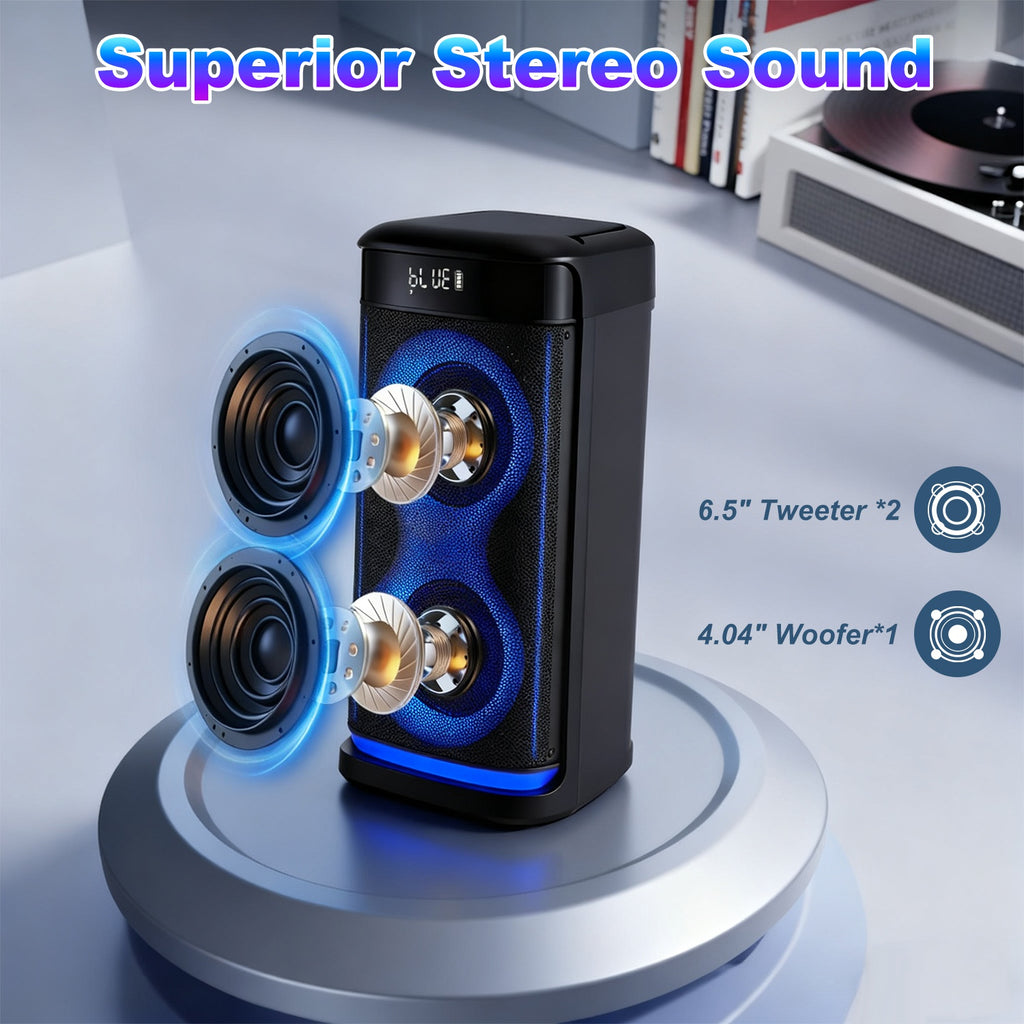 Imountek Portable Wireless Party Speaker with LED Lights, Wireless Mic, Remote, TWS, FM Radio, 10H Playtime, IPX6
