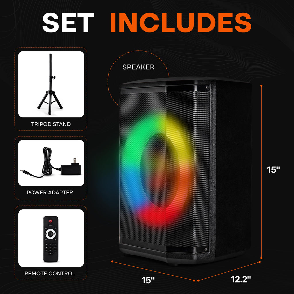 Pyle Portable Bluetooth Speaker with 8" Inch Woofer, TWS Function, Mic Input, USB/Micro SD/FM Radio, Colorful Ring Lights, 120W Rechargeable Battery, Tripod Stand, Hi-Fi Sound, Indoor/Outdoor Use