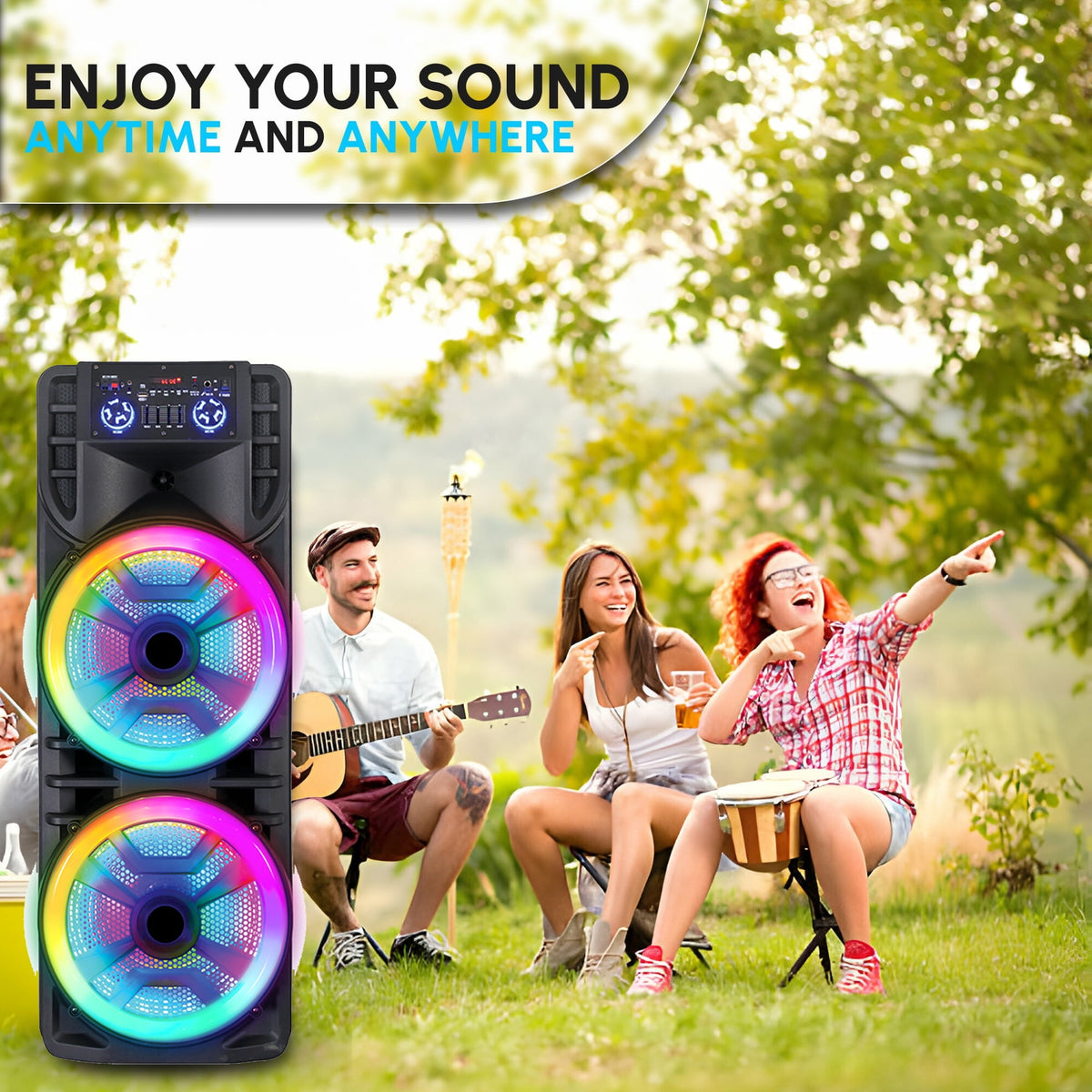 RIDWIND 5000W Peak Power Dual 10" Woofers Portable Party Speaker, Indoor & Outdoor Loud Heavy Bass Sound System with Microphone, RGB Lights, Remote Control, Support TWS/USB/FM, Rechargeable Battery