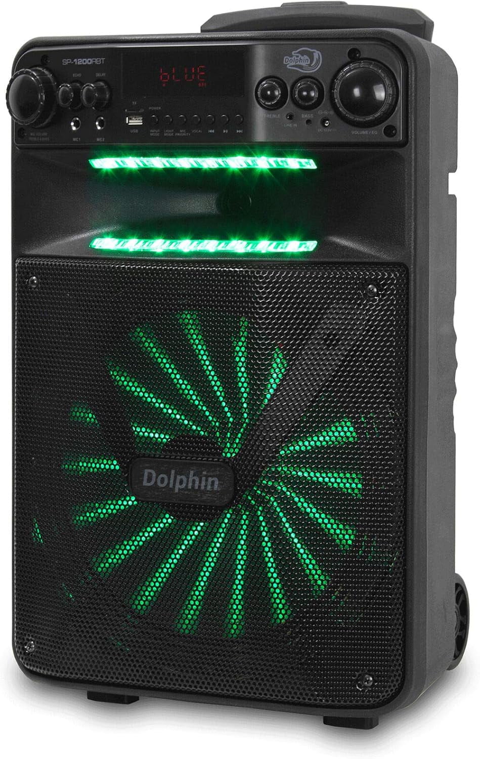Dolphin SP-1200RBT Portable Party Bluetooh Speaker w/Remote Control and Sound Activated LED Light Show, 12", Long Lasting Battery