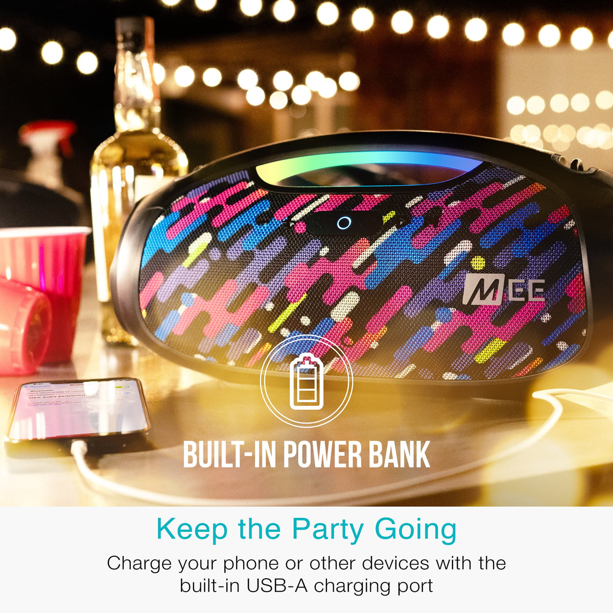 MEE audio partySPKR XL Bluetooth Wireless Speaker with Dynamic LED Lighting (Black)