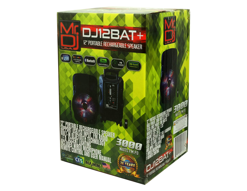 Mr. Dj DJ12BAT+ 12" Portable Bluetooth Speaker12" Portable Trolley PA DJ Active Powered Bluetooth TWS Speaker 3000 Watts LCD/MP3/USB/micro SD