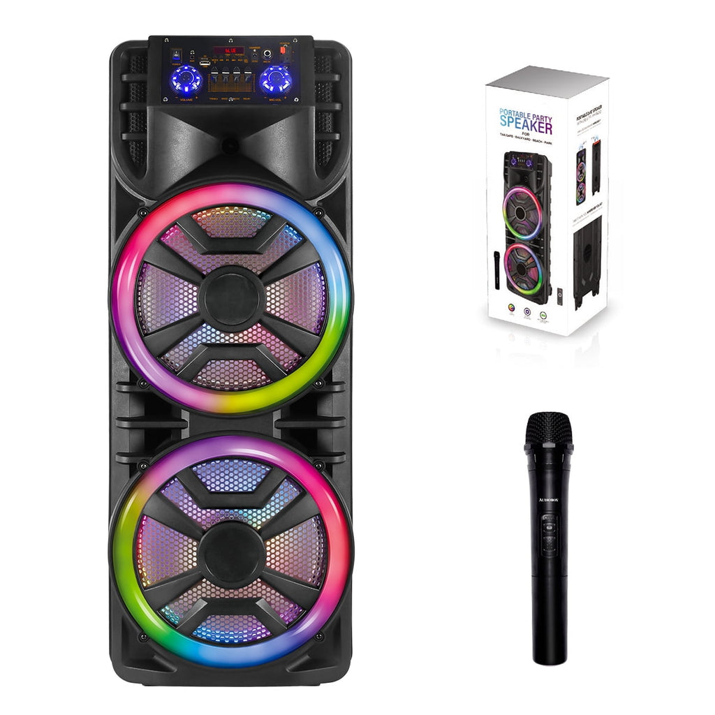 Curuk Wireless Speaker With Wireless Mic, 2800W Portable Bluetooth Speaker Dual 12” Subwoofer Heavy Bass Party DJ PA Sound System FM Mic LED Light