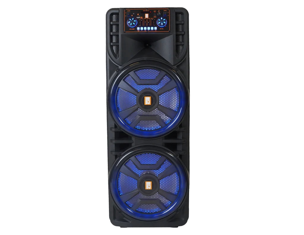 MR DJ NEWYORK 2.0 Dual 12" Rechargeable Portable Bluetooth Karaoke Speaker Party Flame Lights with 2 Wireless Microphone TWS USB FM Radio